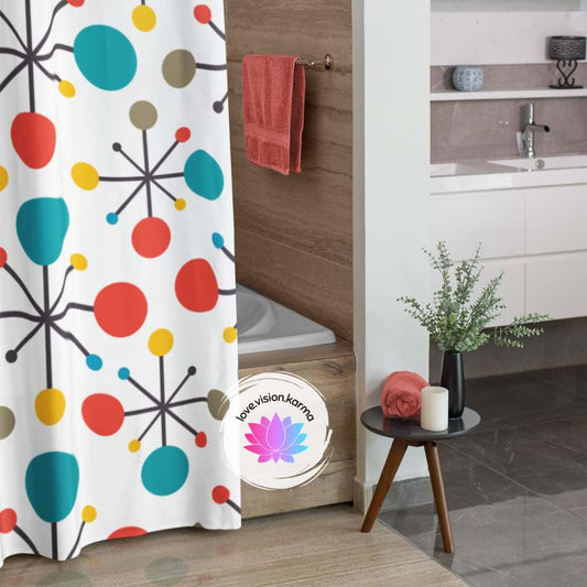 Retro 50s Atomic Starburst Colorful MCM Shower Curtain | lovevisionkarma.com