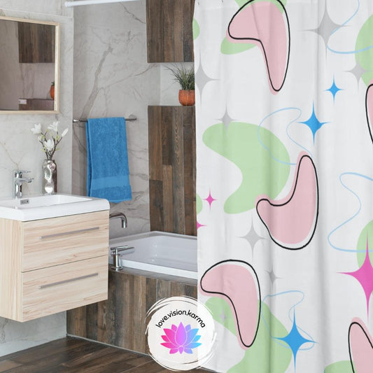 Retro Mid Century Atomic Starbursts & Boomerangs Multicolor Shower Curtain | lovevisionkarma.com