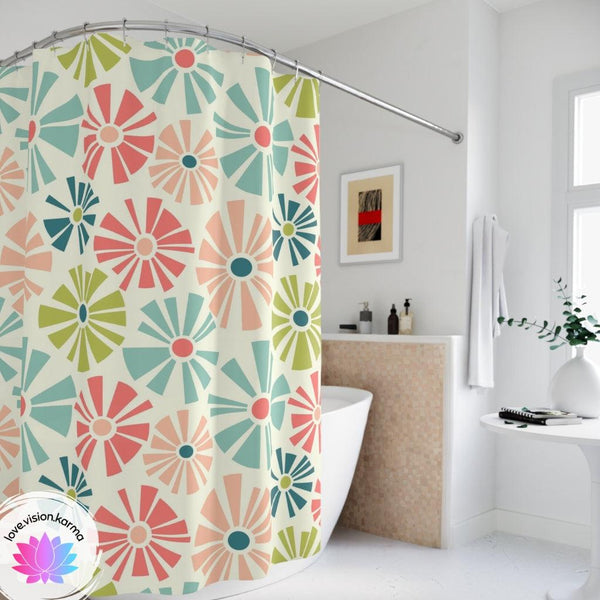 Retro Mod Boho Flowers Multicolor Shower Curtain | lovevisionkarma.com