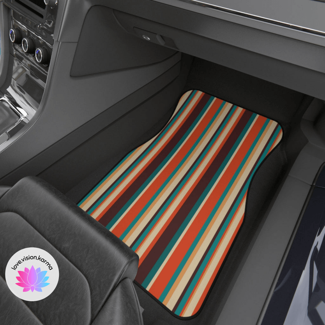 Retro 60s 70s Mid Century Stripes Brown, Orange & Blue Car Mats (Set of 4) | lovevisionkarma.com