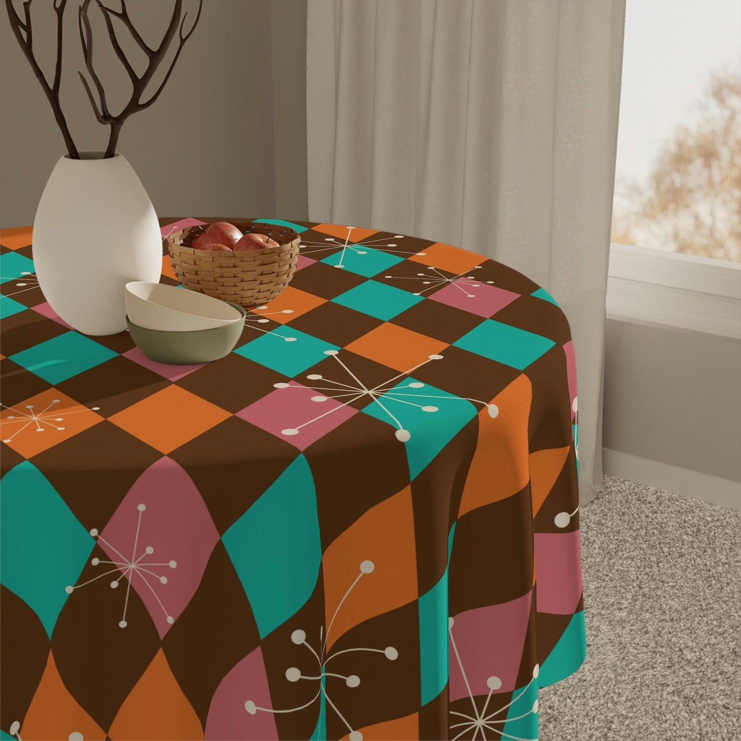 Retro Atomic Diamonds and Burst Mid Century Multicolor Tablecloth | lovevisionkarma.com