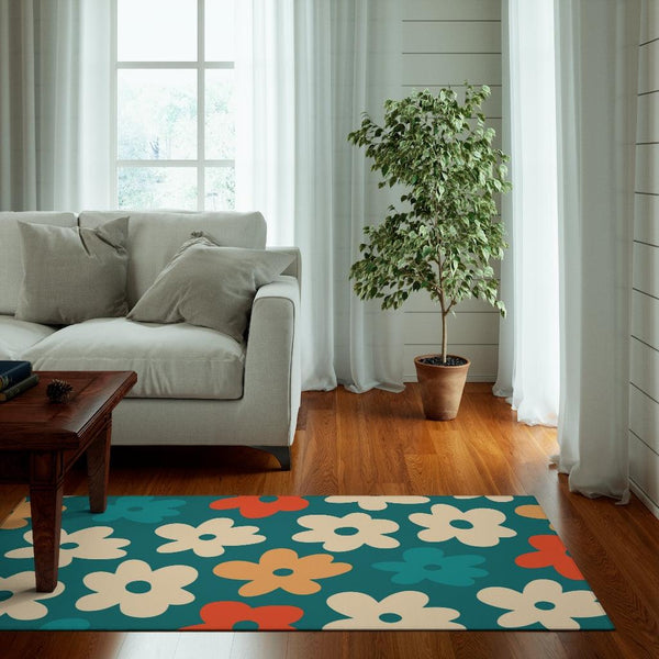 Retro Boho Flowers Teal, Cream & Orange Anti-Slip MCM Rug | lovevisionkarma.com