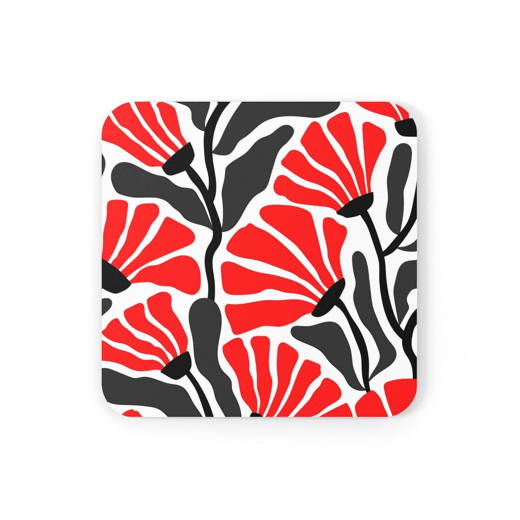 Groovy Abstract Flowers Retro MCM Red, Black & White Coaster Set | lovevisionkarma.com