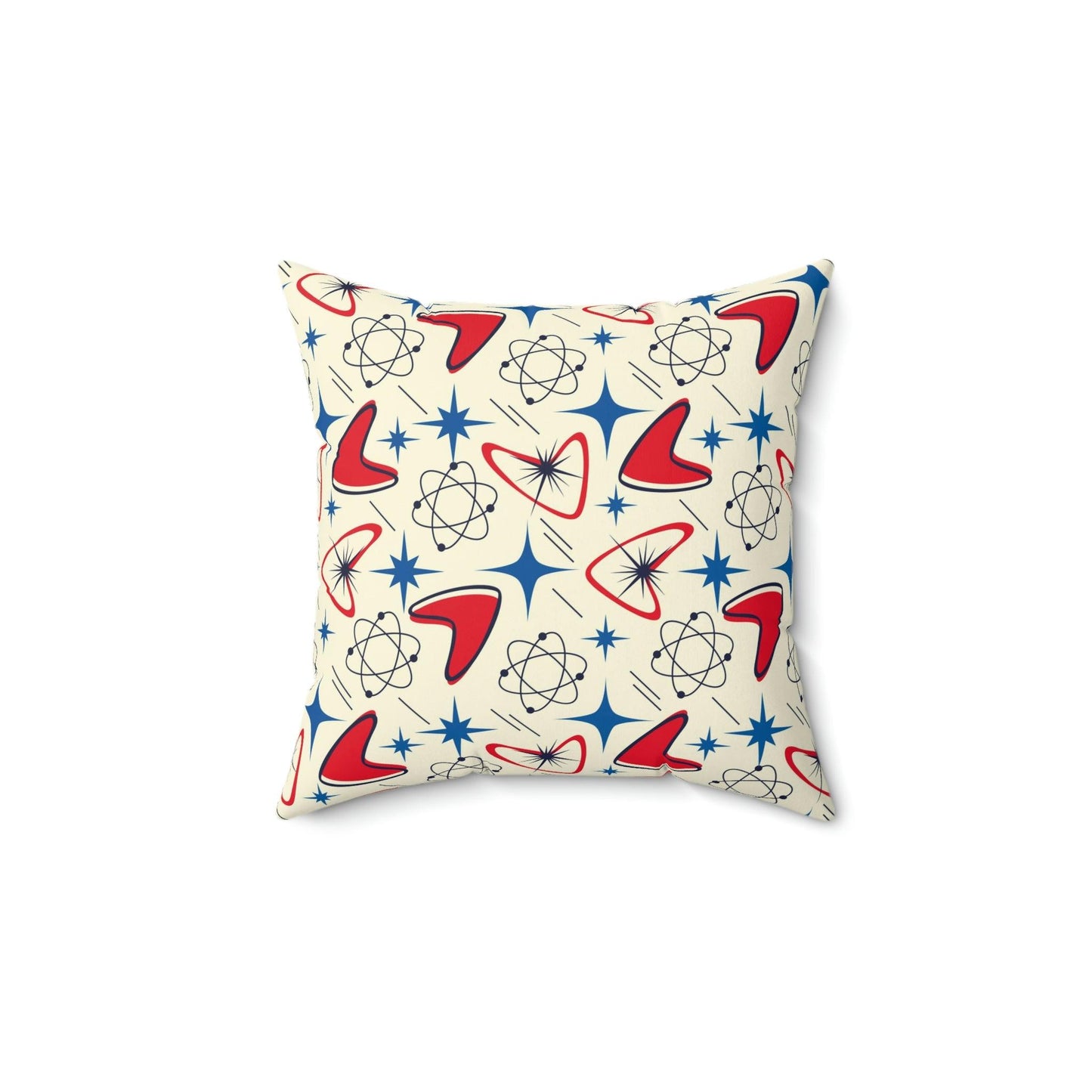 Retro 50s Atomic Boomerangs and Space Age Starburst Red, Blue and Cream MCM Throw Pillow | lovevisionkarma.com