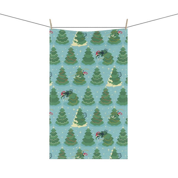 Retro Atomic Cats and X-mas Trees MCM Blue Christmas Tea Towel | lovevisionkarma.com
