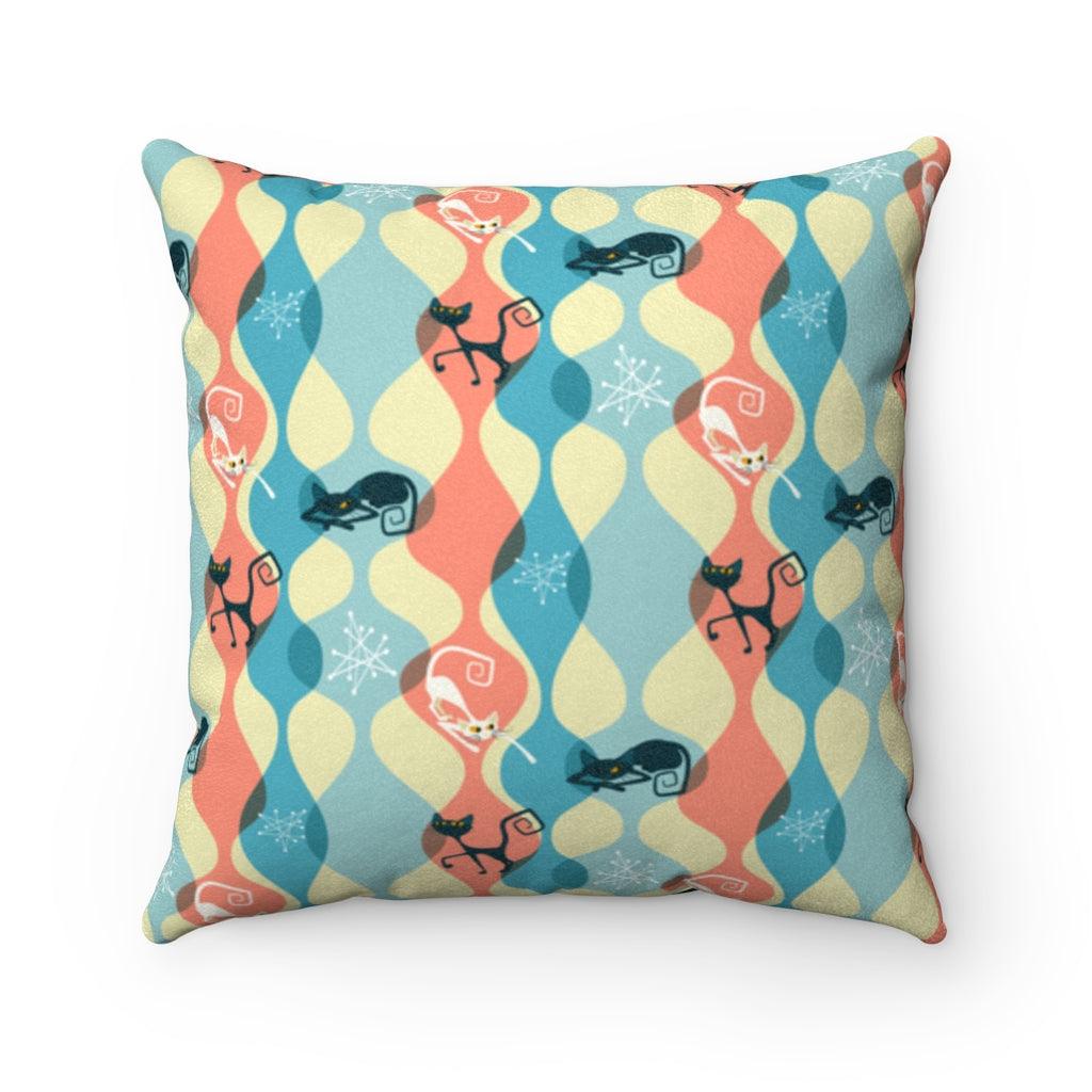 Retro Atomic Kitty Wavy Lines Multicolor MCM Throw Pillow | lovevisionkarma.com