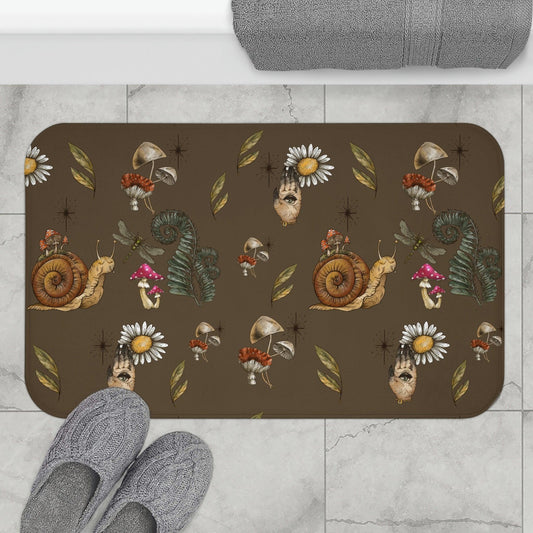 Boho Snail and Mushrooms Cottagecore Brown Bath Mat | lovevisionkarma.com