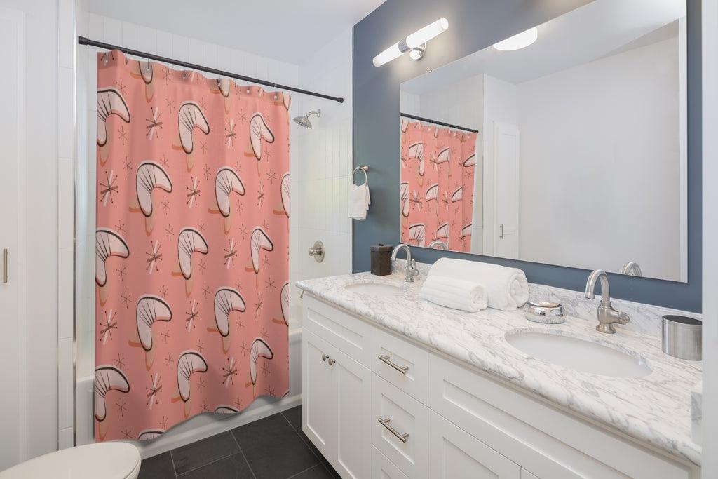 Retro Pink Atomic Starbursts and Boomerangs MCM Shower Curtain | lovevisionkarma.com