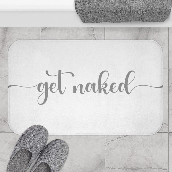 "Get Naked" White Funny Modern Minimalist Bath Mat | lovevisionkarma.com