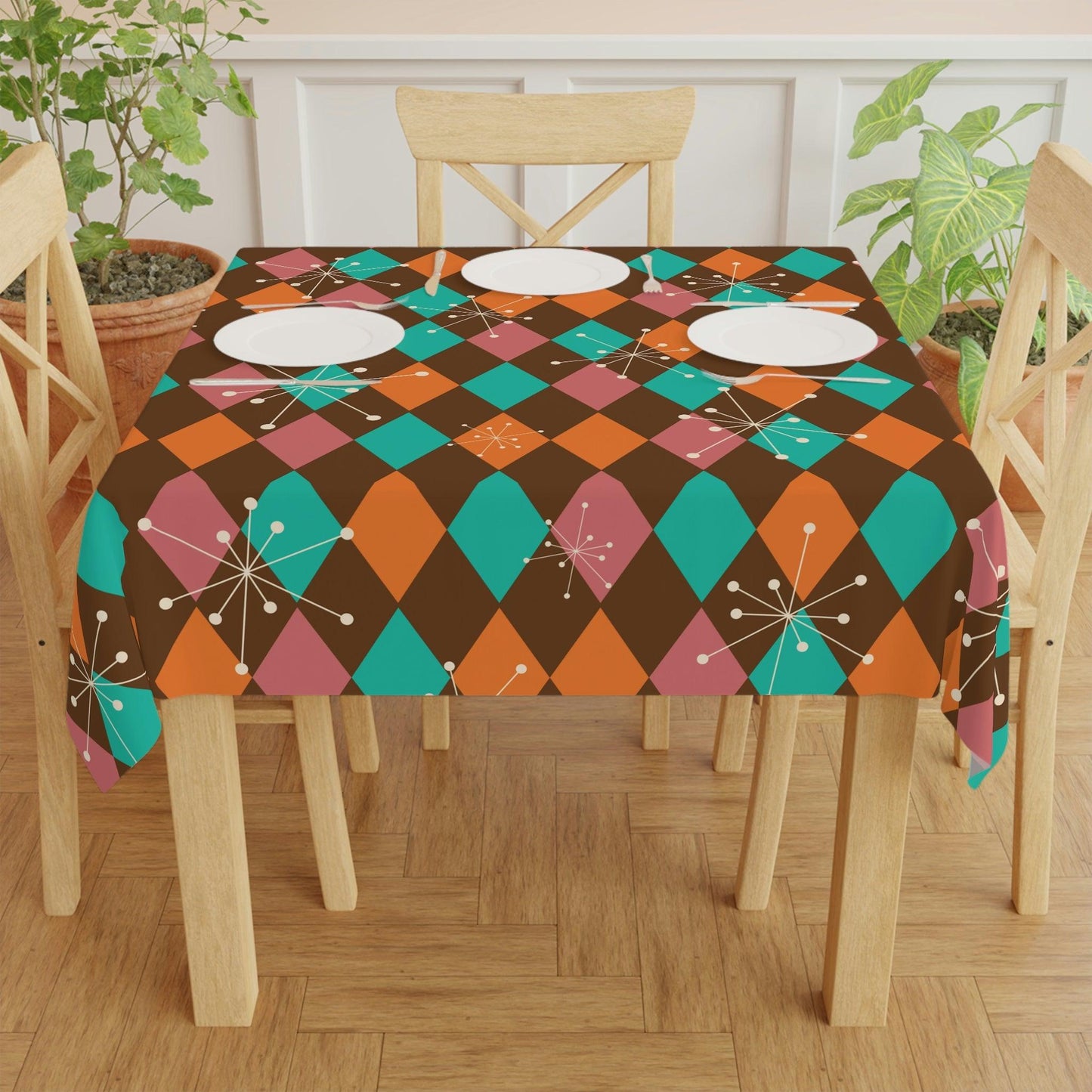 Retro Atomic Diamonds and Burst Mid Century Multicolor Tablecloth | lovevisionkarma.com