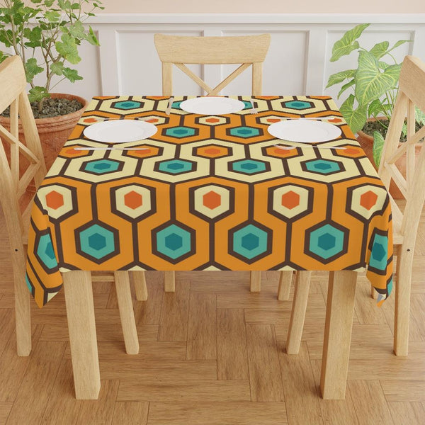 Retro Geometric Orange Hexagon Mid Century Modern Tablecloth | lovevisionkarma.com