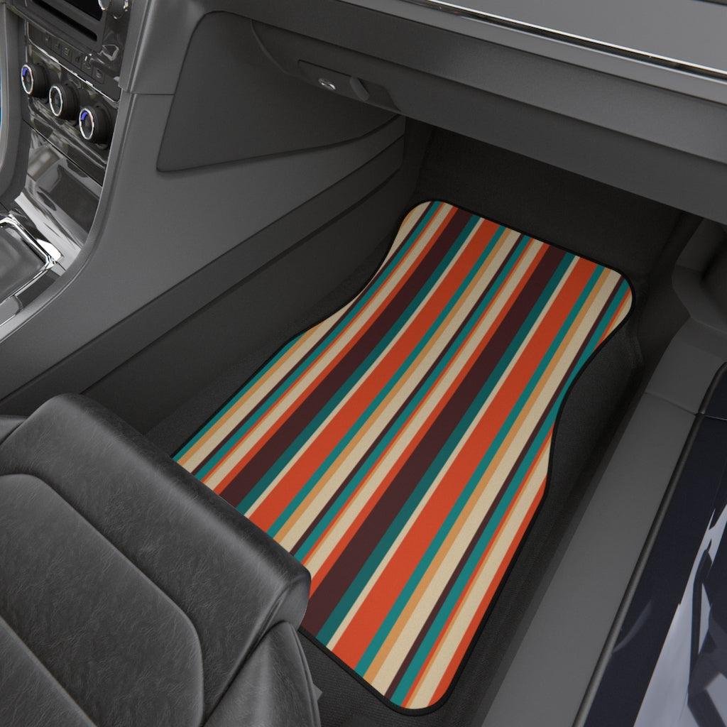 Retro 60s 70s Mid Century Stripes Brown, Orange & Blue Car Mats (Set of 4) | lovevisionkarma.com