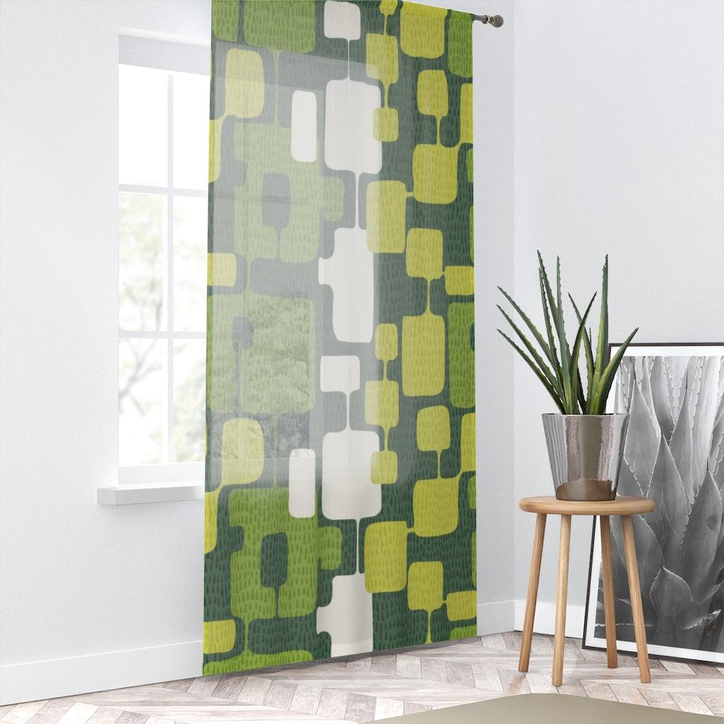 Retro Mid Century Mod Abstract Green Sheer Window Curtain | lovevisionkarma.com