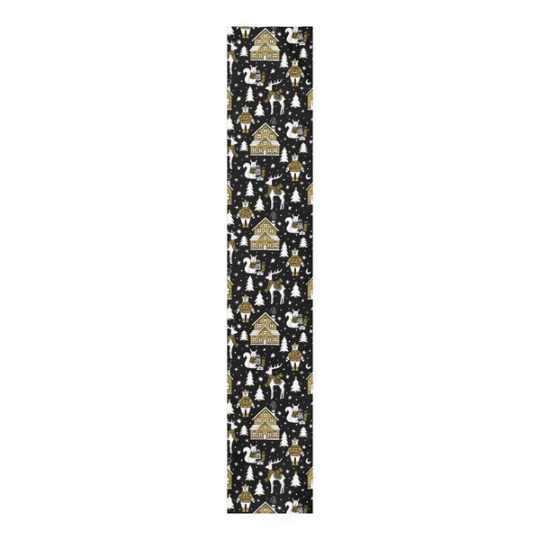 Nordic Christmas Scene MCM Scandi Black, White and Beige Holiday Table Runner | lovevisionkarma.com