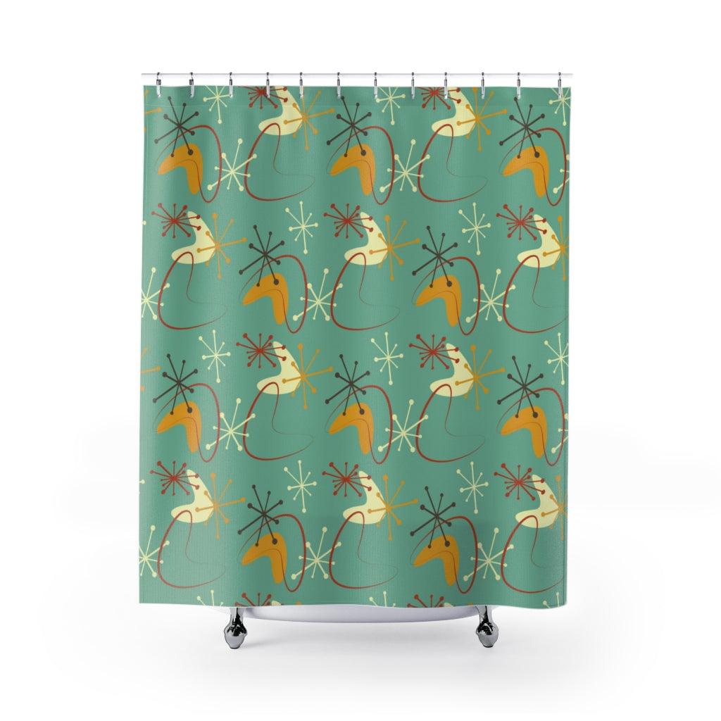 Retro Atomic Starburst and Boomerang MCM Teal & Mustard Shower Curtain | lovevisionkarma.com