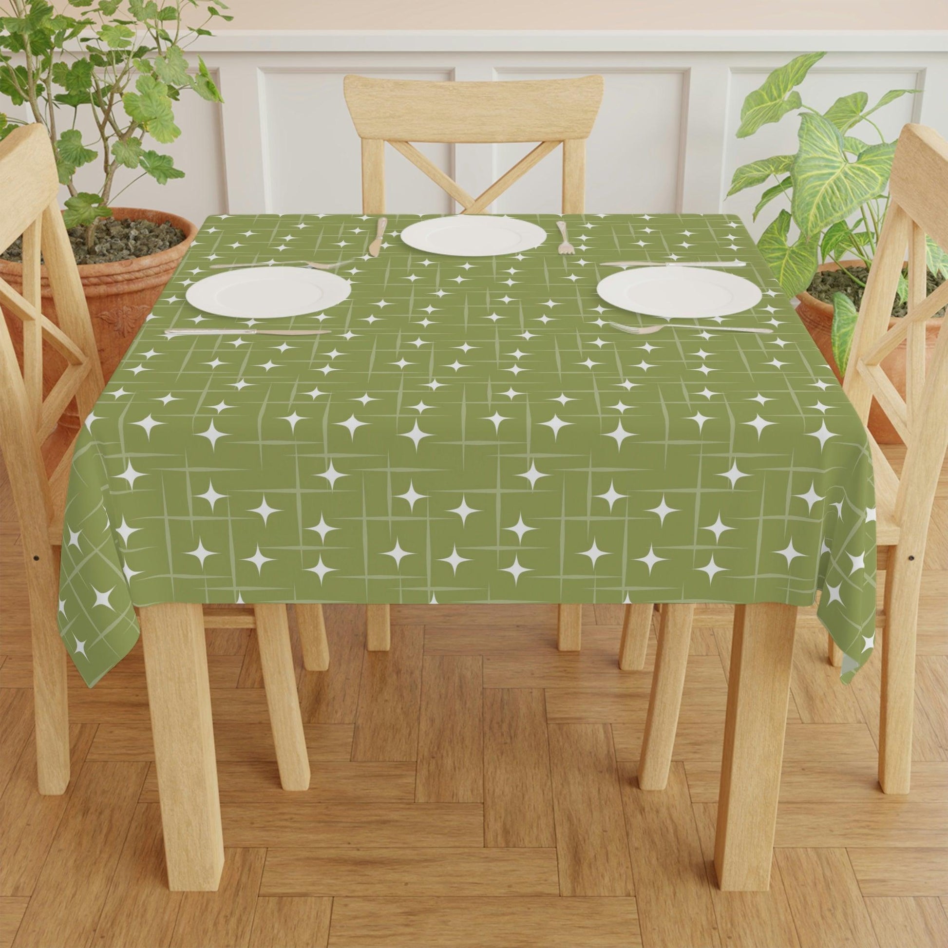 Retro Atomic Mini Starburst Mid Century Green Tablecloth | lovevisionkarma.com