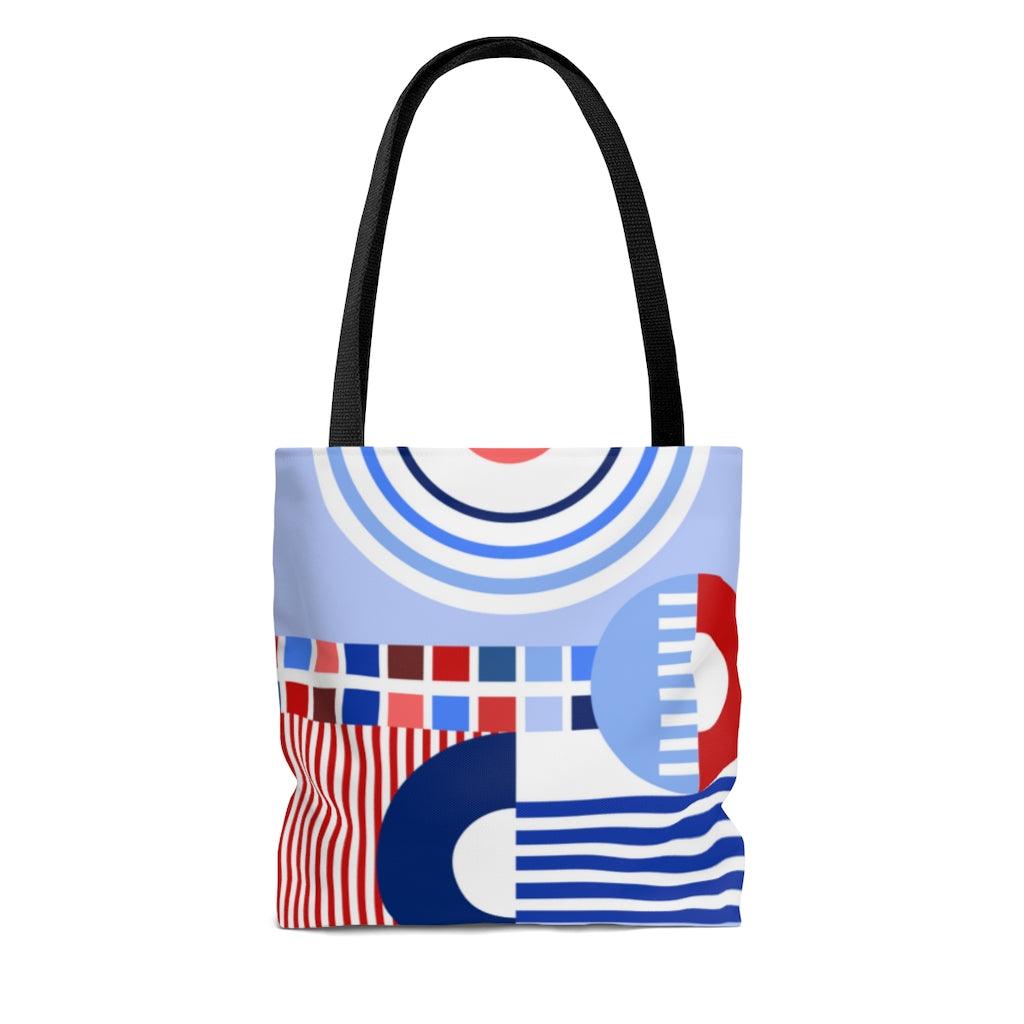 Retro Bauhaus Abstract Geometric Blue, Red and White Tote Bag | lovevisionkarma.com