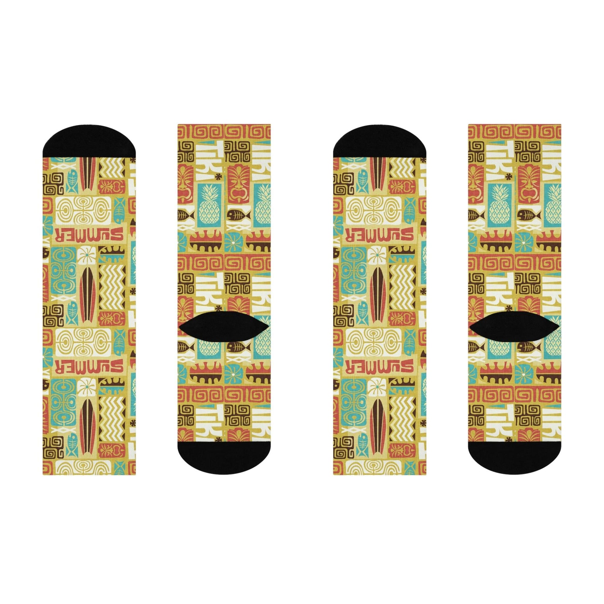 Retro 60s Tiki MCM Chartreuse Green & Brown Cushioned Crew Socks | lovevisionkarma.com