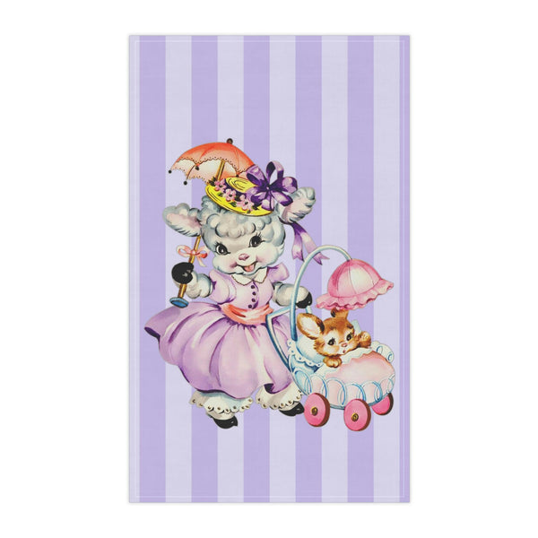 Vintage Easter Lamb and Bunny Kitschy Cute Lilac Kitchen Tea Towel | lovevisionkarma.com