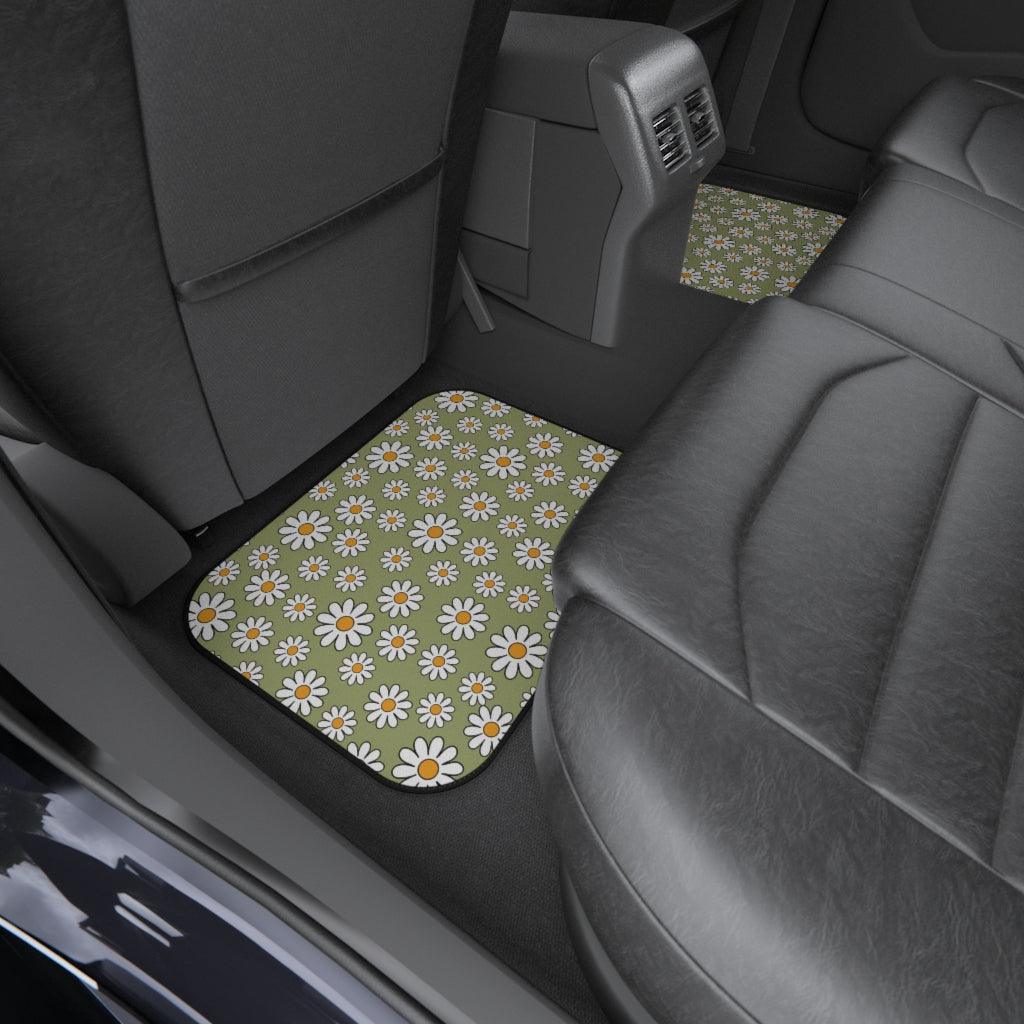 Retro Boho Daisy Sage Green MCM Car Mats (Set of 4) | lovevisionkarma.com