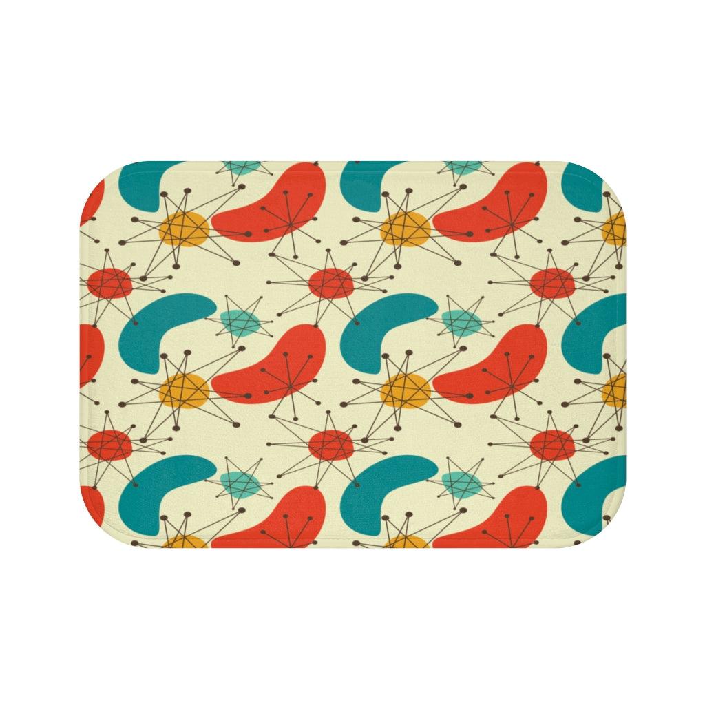 Retro Atomic Boomerang 50s 60s Mid Century Modern Blue & Orange Bath Mat | lovevisionkarma.com