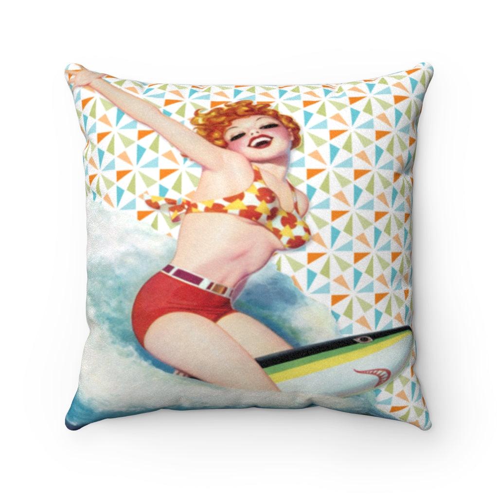 Retro 1950's Surfboard Riding Pin Up Girl Pillow | lovevisionkarma.com