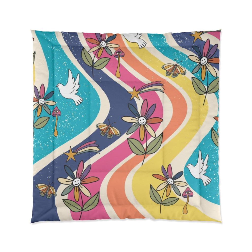 Groovy Hippie Flowers & Boho Mushrooms Colorful Comforter | lovevisionkarma.com