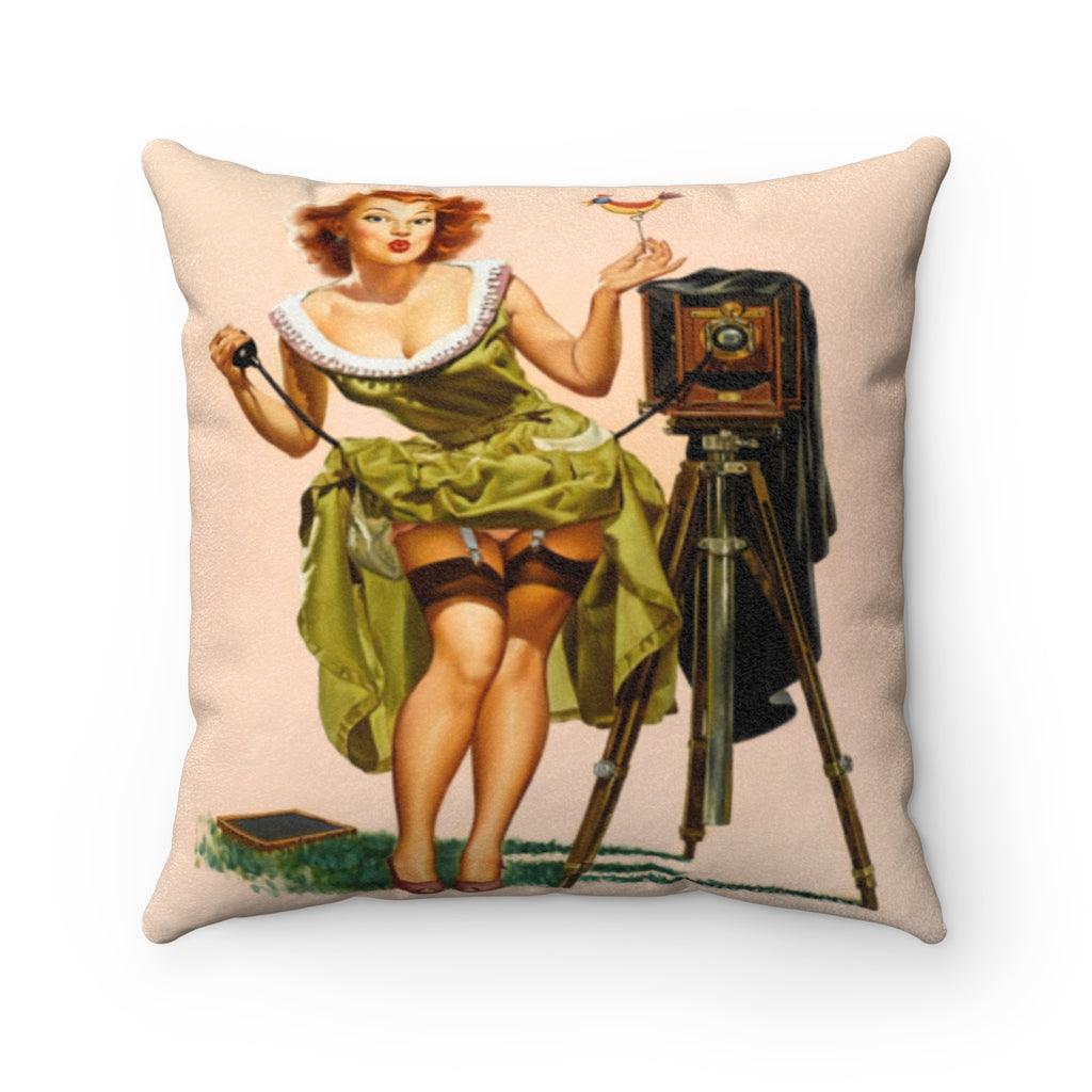 Retro 1950's Photographer Pin Up Girl Pillow | lovevisionkarma.com