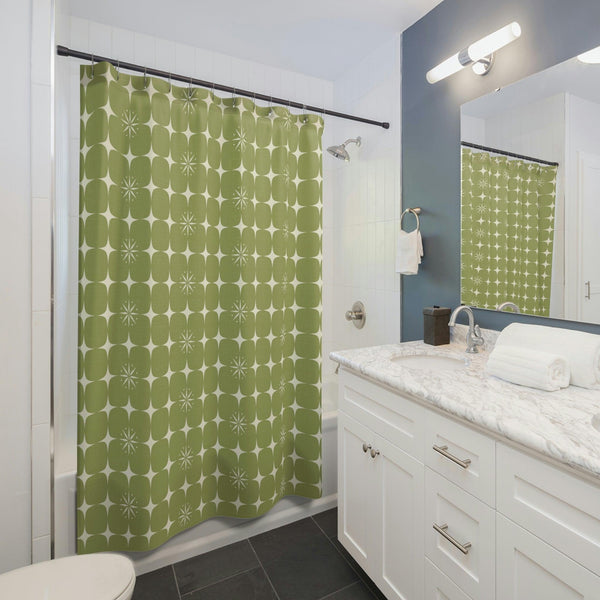 Retro 1950s Mid Century Burst Green Shower Curtain | lovevisionkarma.com