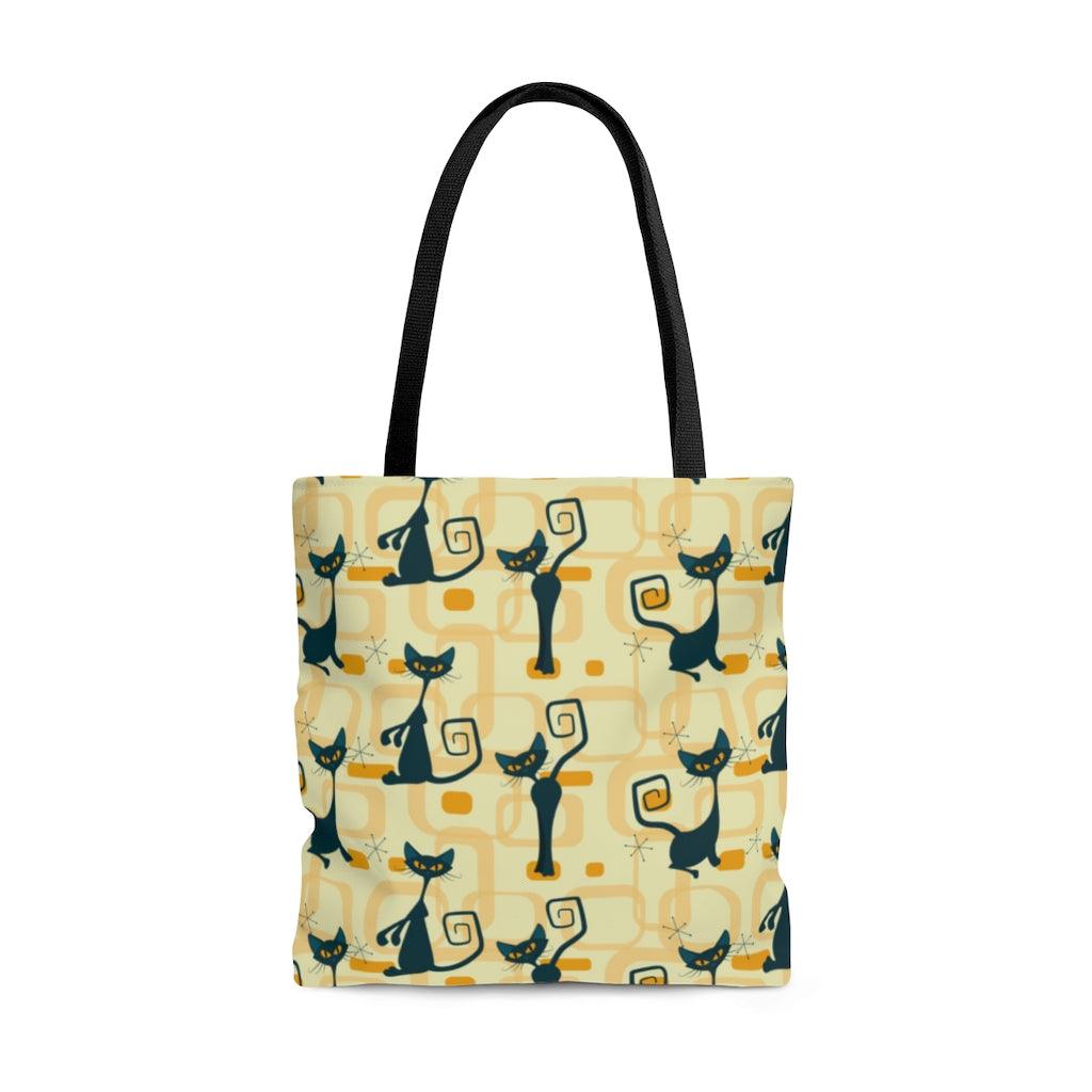 Retro Atomic Cats MCM Yellow Tote Bag | lovevisionkarma.com