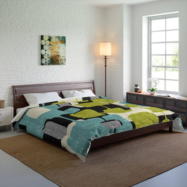 Retro Mod Abstract Green, Blue and Black MCM Comforter | lovevisionkarma.com