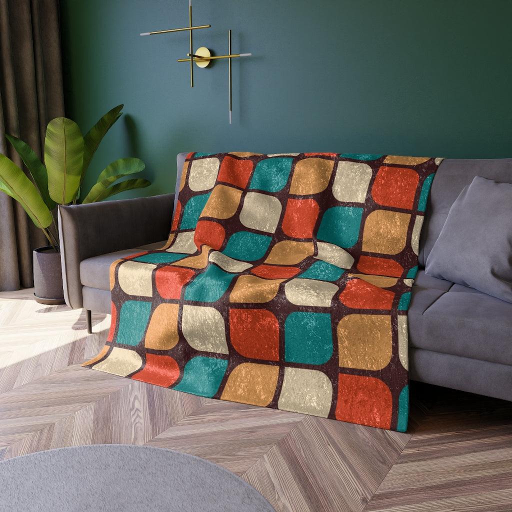 Retro 60s 70s Mid Century Geometric Orange, Brown & Teal Crushed Velvet Blanket | lovevisionkarma.com