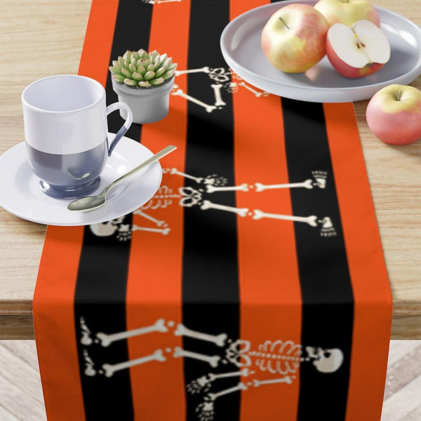 Dancing Skeletons Halloween Orange & Black Stripe Table Runner | lovevisionkarma.com
