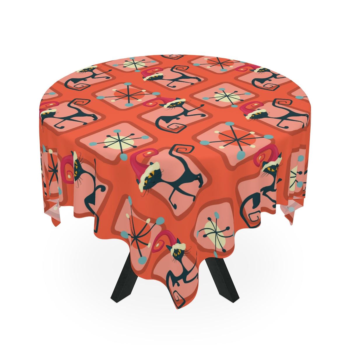 Atomic Christmas Cat Mid Century Mod Festive Red Tablecloth | lovevisionkarma.com