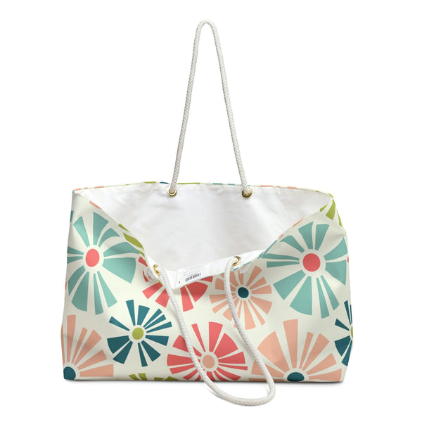 Retro Mod Flowers Boho Pink, Blue & Cream Weekender Bag | lovevisionkarma.com