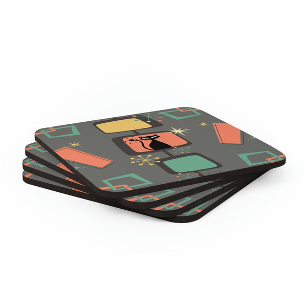 Retro Atomic Cat Mid Century Burst Gray, Coral & Green Coaster Set | lovevisionkarma.com