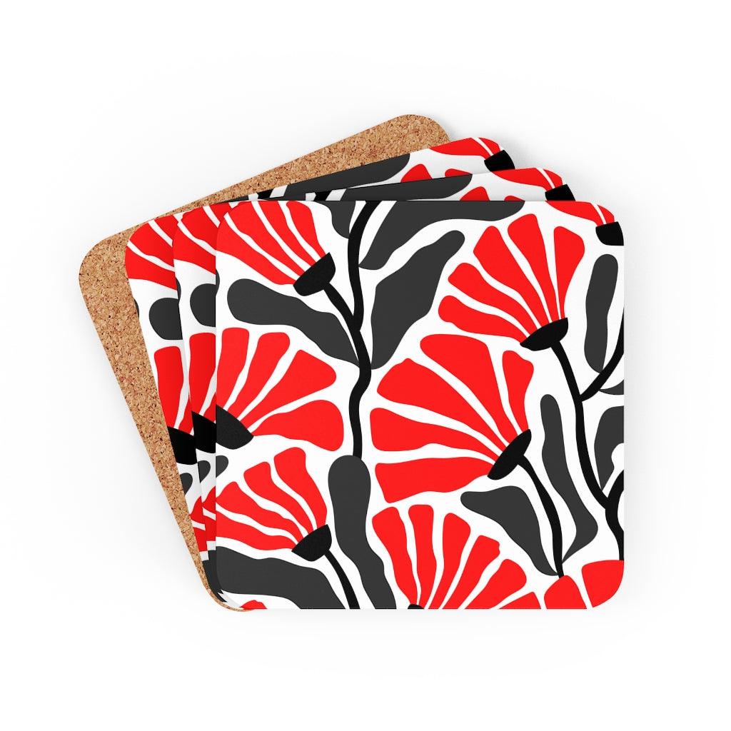 Groovy Abstract Flowers Retro MCM Red, Black & White Coaster Set | lovevisionkarma.com