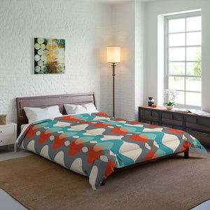 Mid Century Mod Wavy Lines Retro Orange, Blue, Off-White and Grey Comforter | lovevisionkarma.com