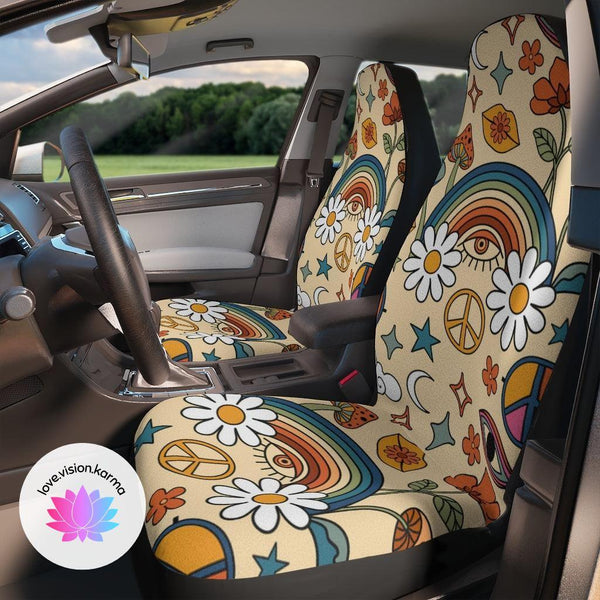 Boho Trippy Mushroom, Eye & Rainbow Hippie Cottagecore MCM Car Seat Covers | lovevisionkarma.com