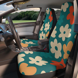 Retro Boho Flowers Teal, Orange & Yellow MCM Car Seat Covers | lovevisionkarma.com
