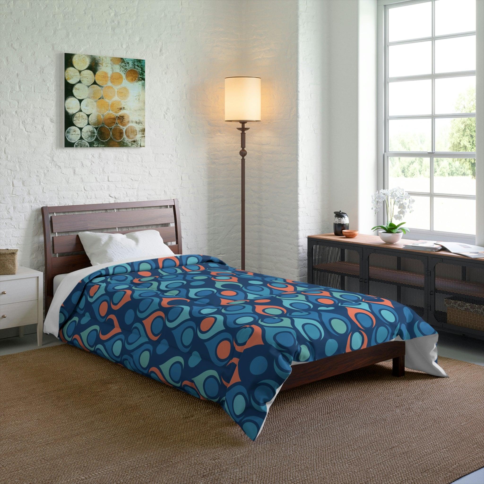 Retro Mid Century Mod Geometric Blue & Coral Orange Comforter | lovevisionkarma.com