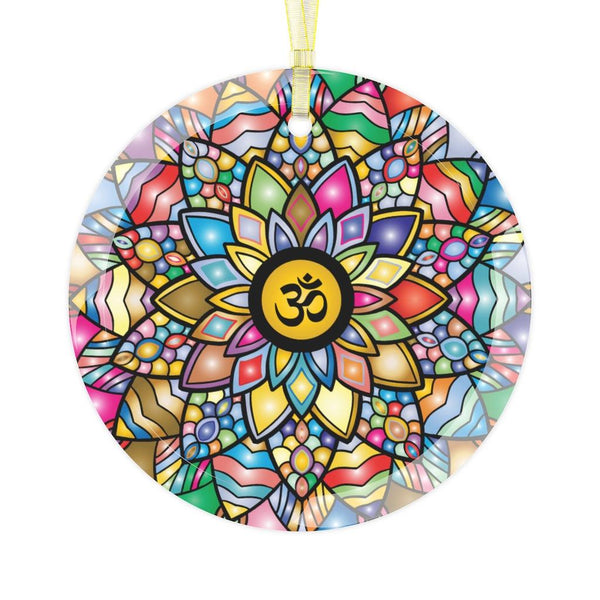 Om, Lotus Mandala Glass Ornament, Diwali Home Decor, Yoga Christmas Ornament | lovevisionkarma.com