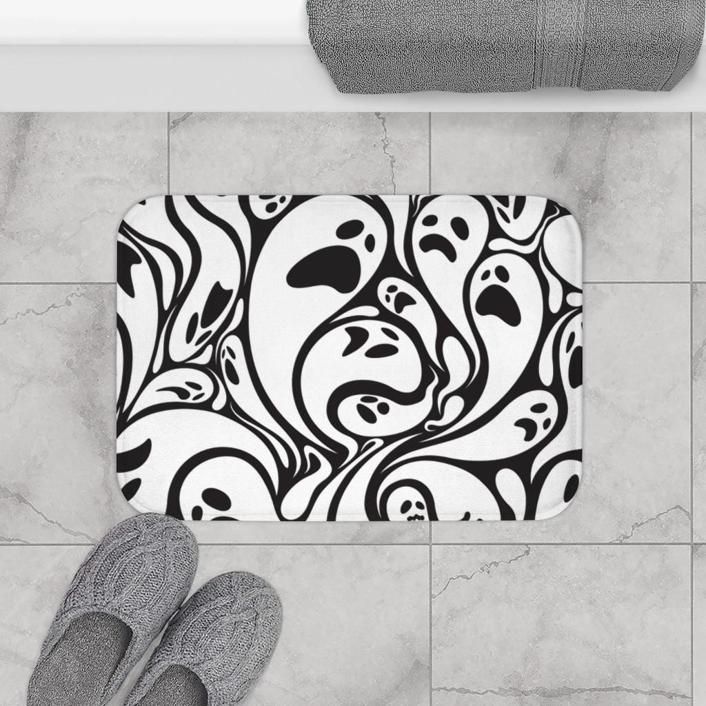 Spooky Swirling Ghosts, Halloween Black & White Bath Mat | lovevisionkarma.com