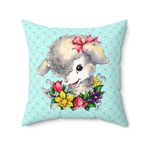 Easter Kitsch Vintage Lamb Blue MCM Pillow | lovevisionkarma.com