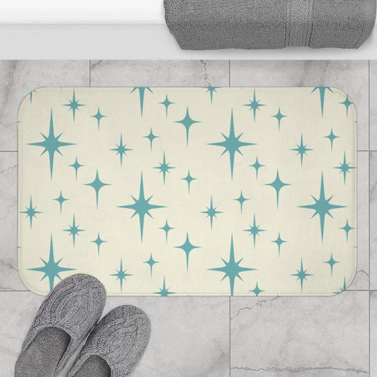 Retro Atomic Starburst Blue & Off-White MCM Bath Mat | lovevisionkarma.com