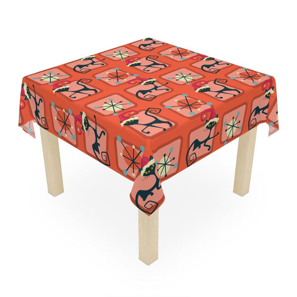 Atomic Christmas Cat Mid Century Mod Festive Red Tablecloth | lovevisionkarma.com
