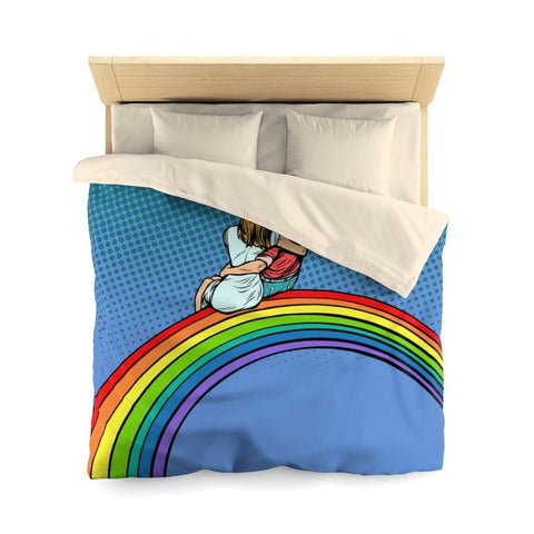 "Couple Sitting on Rainbow" Comic Pop Art Duvet Cover | lovevisionkarma.com