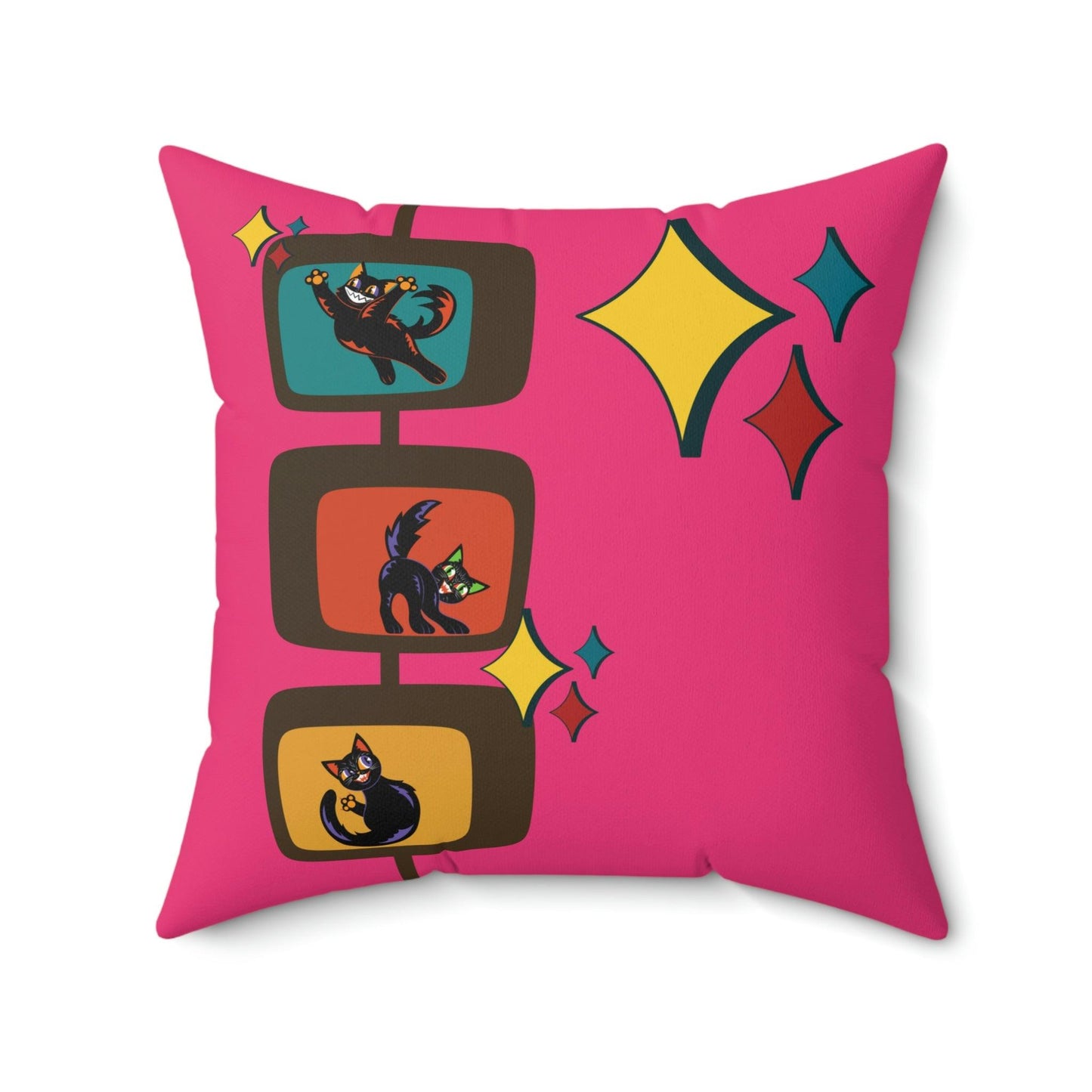 Retro Kitsch Cats Mid Century Atomic Burst Pink Pillow | lovevisionkarma.com