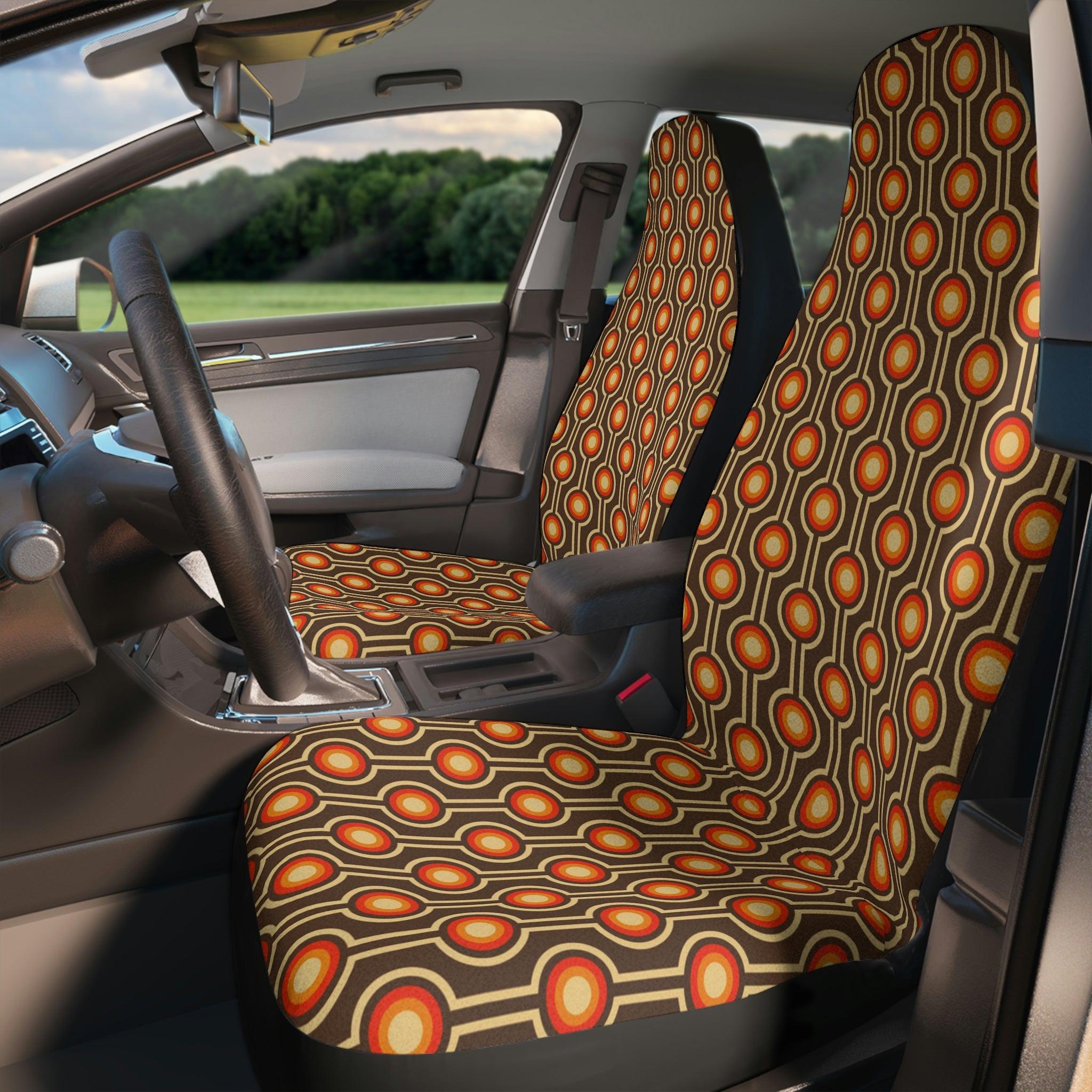 Retro 60s, 70s Funky MCM Geometric, Brown & Orange Car Seat Covers | lovevisionkarma.com