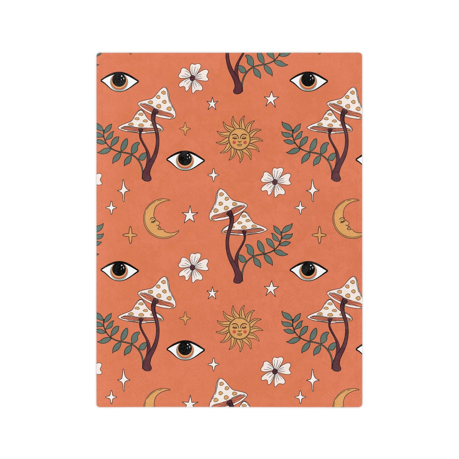 Boho Mushroom, Eye, Sun, Moon & Stars MCM Coral Orange Velveteen Minky Blanket | lovevisionkarma.com